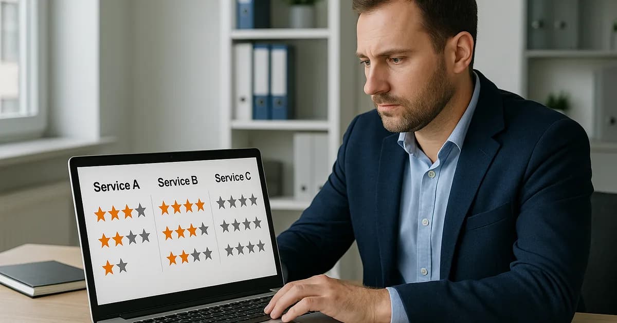 Vergleichstabelle von Anbietern zur Google-Bewertungs-Löschung auf einem Bürotisch